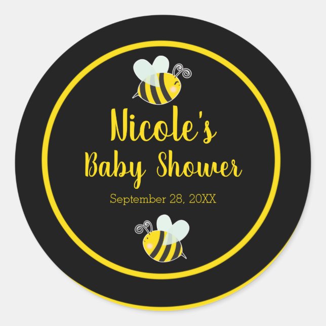 Sticker Rond Bumble Thème Bébé Shower Noir et Jaune (Devant)