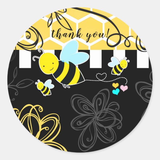 Sticker Rond Bumblebee Baby shower noir et jaune Moderne Chic (Devant)