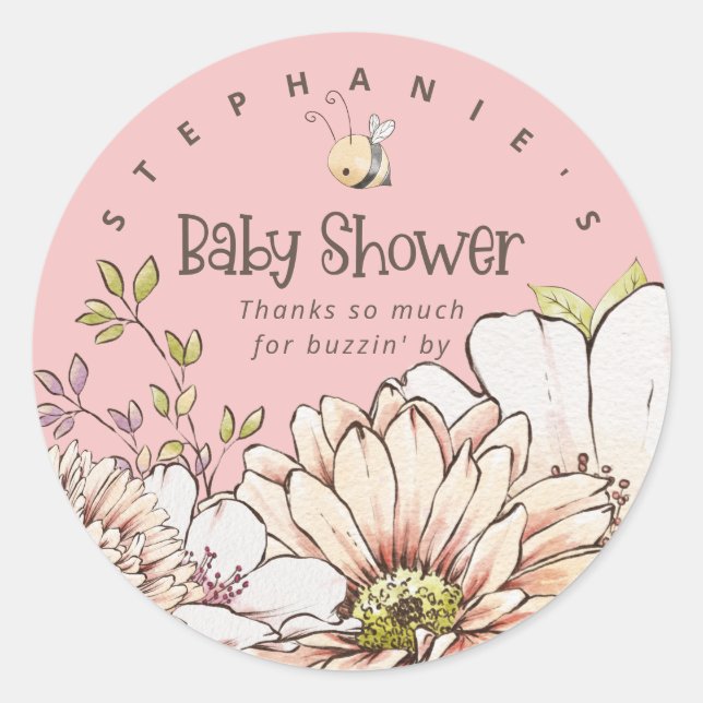 Sticker Rond Bumblebee Florals Nom Merci Bébé Douche rose (Devant)