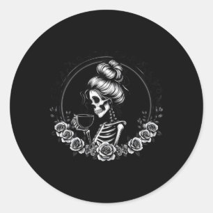 Sticker Rond Bun Skeleton Boire Café Vintage Halloween Fun