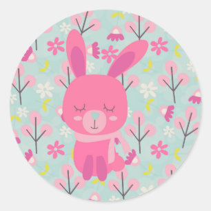 Sticker Rond Bunnies et fleurs roses