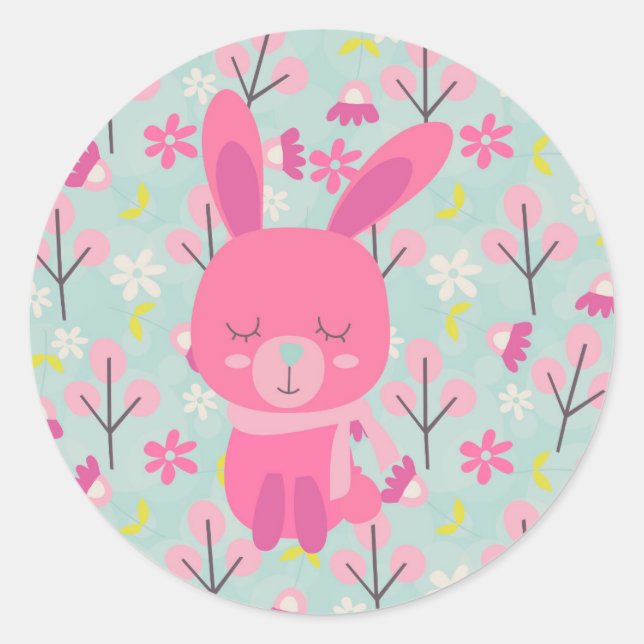 Sticker Rond Bunnies et fleurs roses (Devant)