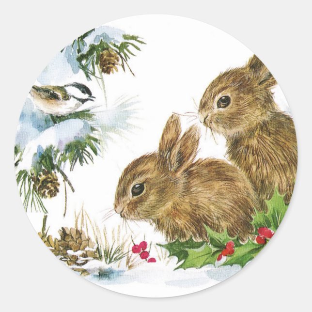 Sticker Rond Bunnies et oiseaux Profitez de la neige (Devant)