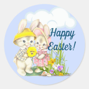 Sticker Rond Bunnies vintages et fleurs Joyeux Pâques