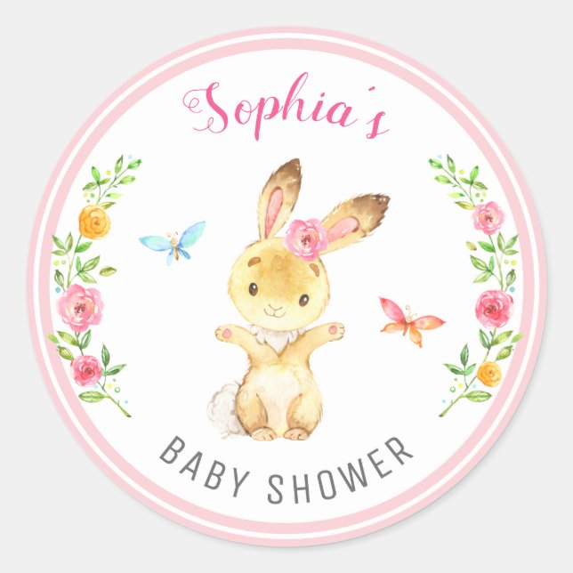 Sticker Rond Bunny Baby Girl Shower Rose Pailleté Fleur Mignonn (Devant)