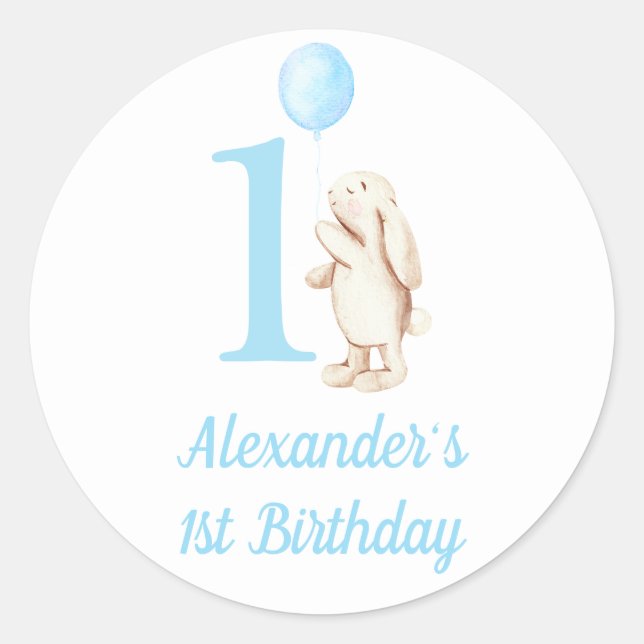 Sticker Rond Bunny & Balloon Bleu 1er anniversaire (Devant)