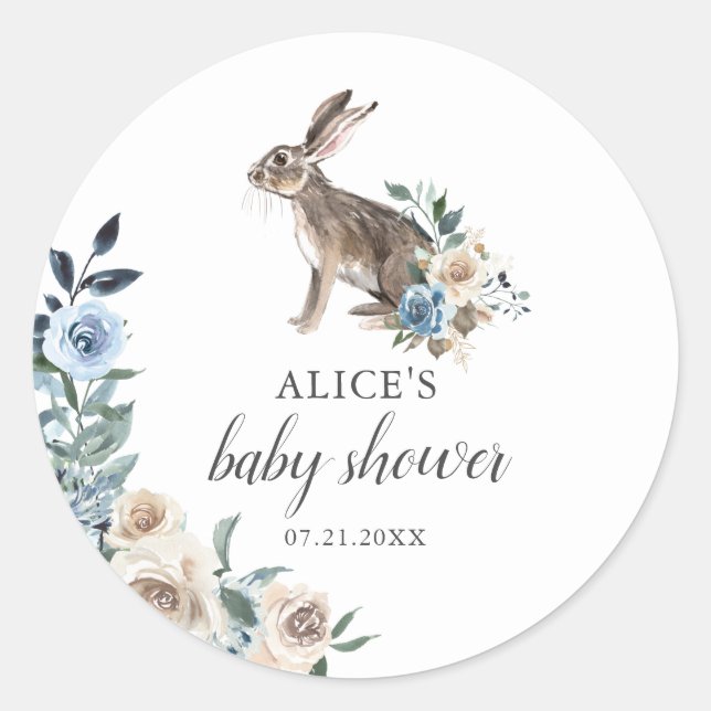Sticker Rond Bunny Boho Dusty Baby shower aux fleurs beiges ble (Devant)