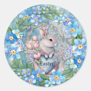 Sticker Rond Bunny de Pâques Printemps Floral Oubliez-moi non