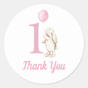 Sticker Rond Bunny et Balloon rose 1er Merci d'anniversaire