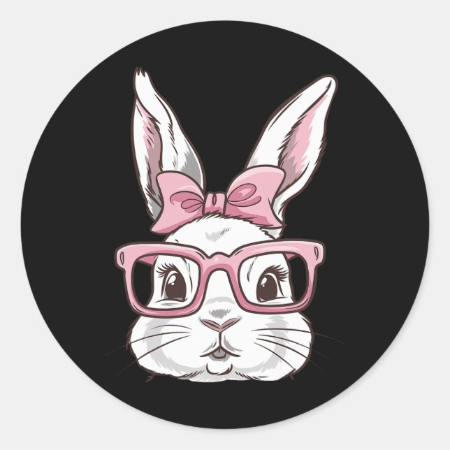 Sticker Rond Bunny Face With Pink Sungles Bow Tie Easter Day Gi (Devant)