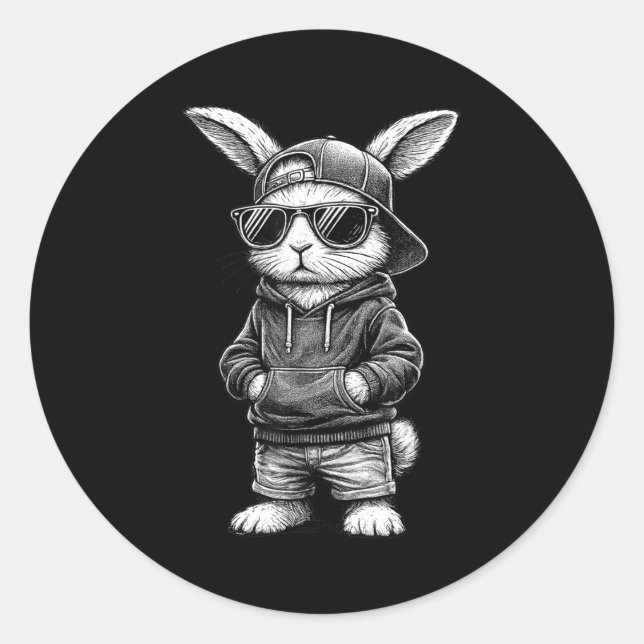 Sticker Rond Bunny Face With Sungles Funny Easter Day For Boys  (Devant)