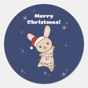 Sticker Rond Bunny Joyeux Noël Animaux d'hiver Classe Lapins
