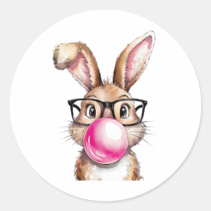 Sticker Rond Bunny Lapin soufflant la bulle gomme Jour de Pâque