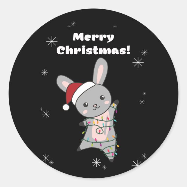 Sticker Rond Bunny Merry Christmas Winter Animals Rabbits (Devant)