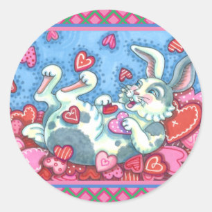 STICKER ROND BUNNY RABBIT & COEURS COLORÉS ÉLEVANT VALENTINES