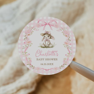 Sticker Rond Bunny Rose Ruban Gingham Baby Shower