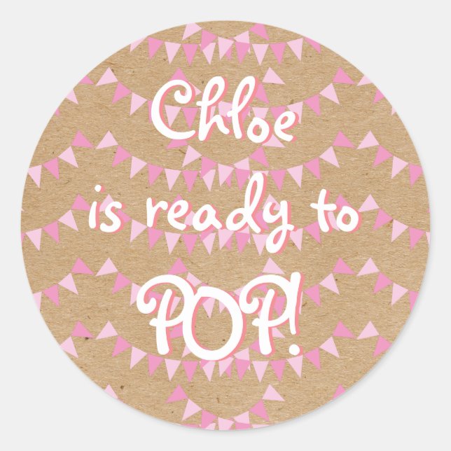 Sticker Rond Bunting Rose Bébé Rustique Prête à ACCOUCHER ! Cad (Devant)