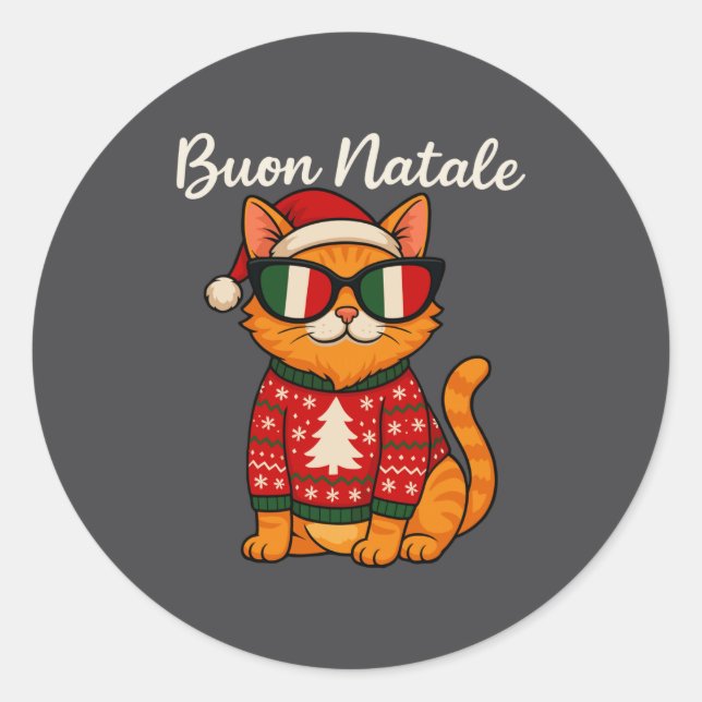 Sticker Rond Buon Natale Italian Cat Christmas, Italy Pride Hol (Devant)