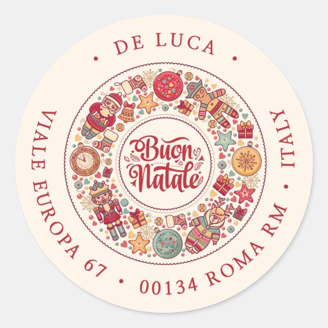 Sticker Rond Buon Natale Wreath Italian Red Adresse de retour (Devant)
