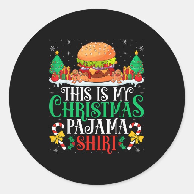 Sticker Rond Burger Noël Pyjama Chemise Burger Lover Xmas Pa (Devant)