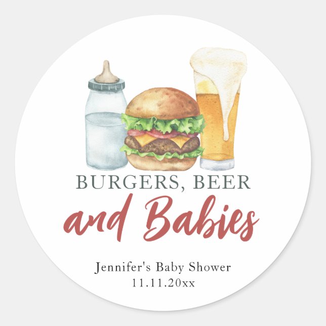 Sticker Rond Burgers, bière et bébés - Baby shower (Devant)