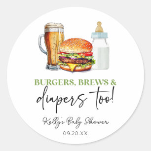 Sticker Rond Burgers Brews et Couches Aussi! Baby Shower