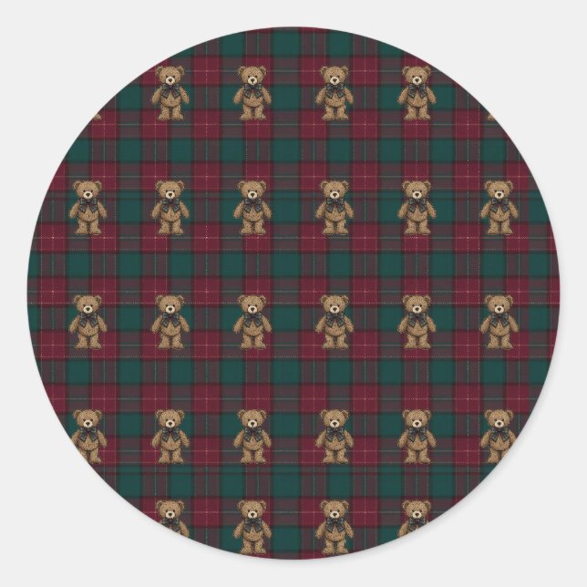 Sticker Rond Burgundy and Green Teddy Tartan Tissue Paper (Devant)