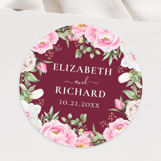 Sticker Rond Burgundy Aquarelle Floral Peony Elégant Mariage (Créateur téléchargé)