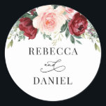 Sticker Rond Burgundy Blush Floral Mariage personnalisé<br><div class="desc">Conçu pour coordonner avec notre collection de mariages Boho Greenery,  ce Sticker personnalisable,  présente un arrangement floral bordeaux et roux aquarelle avec texte calligraphique,  associé à un serif élégant en noir. Éléments correspondants disponibles.</div>
