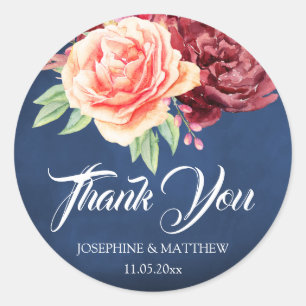 Sticker Rond Burgundy Blush Floral Navy Mariage Merci