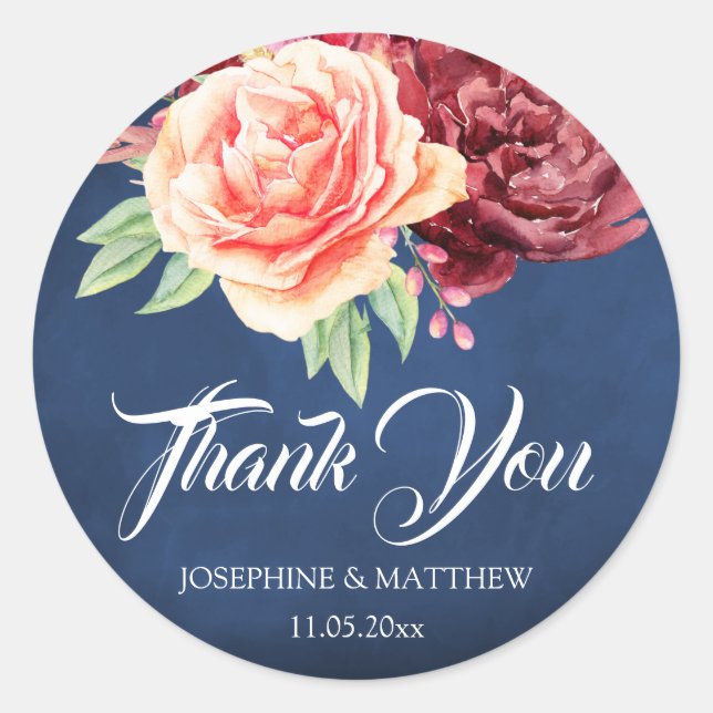 Sticker Rond Burgundy Blush Floral Navy Mariage Merci (Devant)