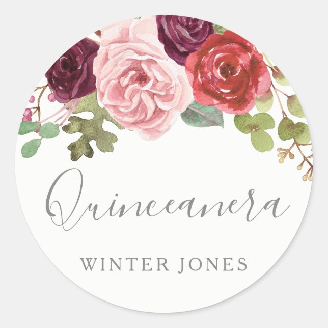 Sticker Rond Burgundy Blush Floral Quinceanera Party Favoriser  (Devant)