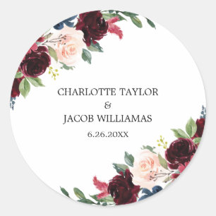 Sticker Rond Burgundy Blush Navy Blue Floral Rustic Mariage