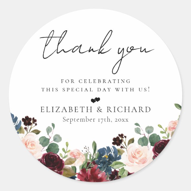 Sticker Rond Burgundy Blush Navy Floral Mariage (Devant)