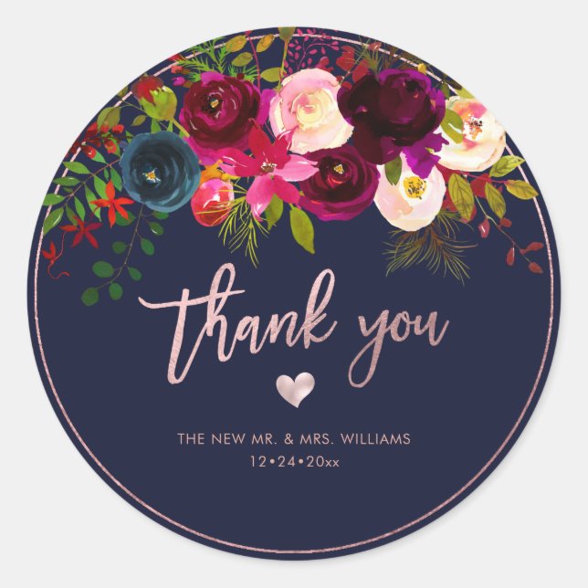 Sticker Rond Burgundy Blush Navy Flowers|Merci|do-it-yourself B (Devant)