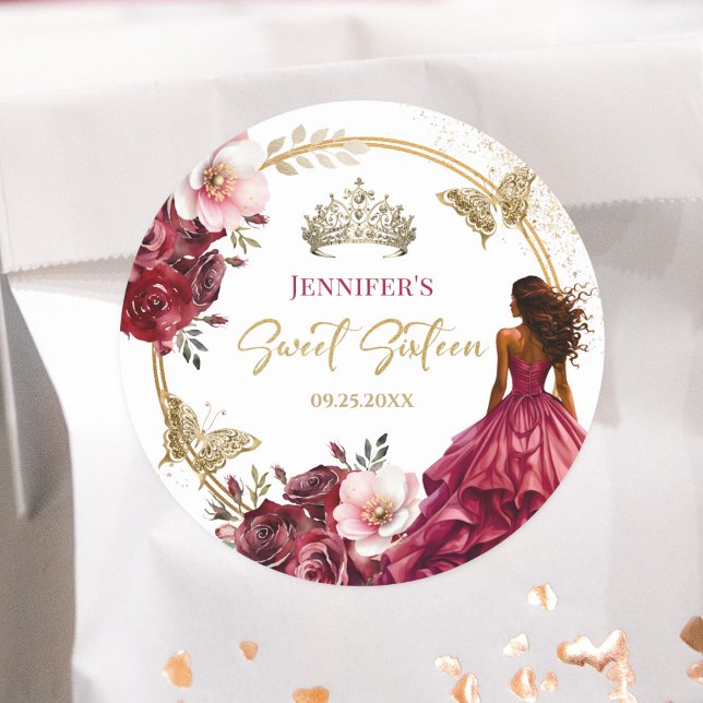 Sticker Rond Burgundy Blush or Floral Princess Sweet 16 (Créateur téléchargé)