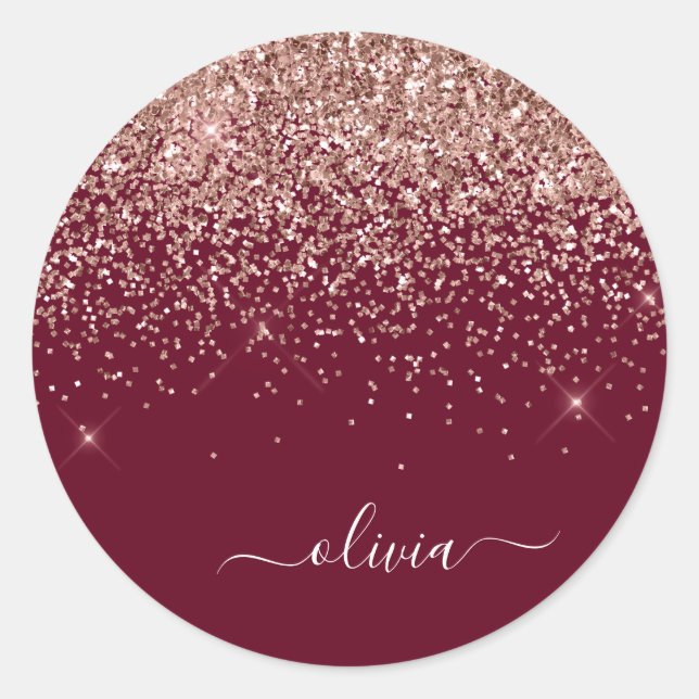 Sticker Rond Burgundy Blush Rose Gold Pailleté Monogramme (Devant)