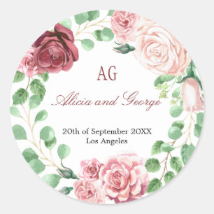 Sticker Rond Burgundy Blush Roses Wreath Mariage monogramme