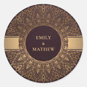 STICKER ROND BURGUNDY GOLD CLASSIC ORNATE MANDALA MARIAGE