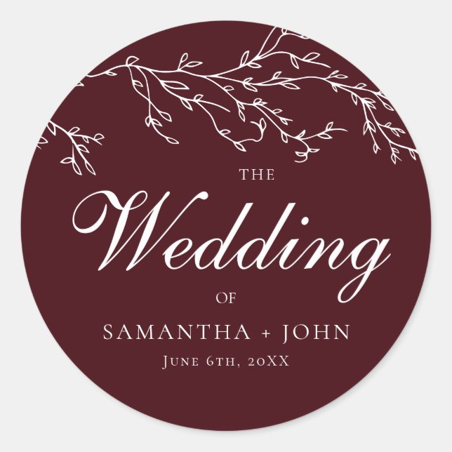 Sticker Rond Burgundy & Ivory Botanical Elegant Wedding (Devant)