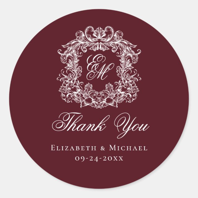 Sticker Rond Burgundy Monogram Wedding Crest Thank You (Devant)