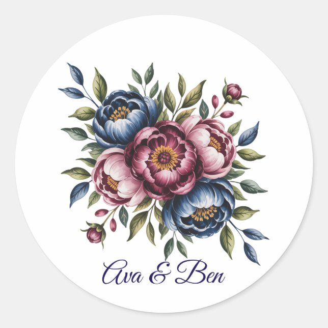 Sticker Rond Burgundy Navy and Blush Peony Wedding Floral (Devant)