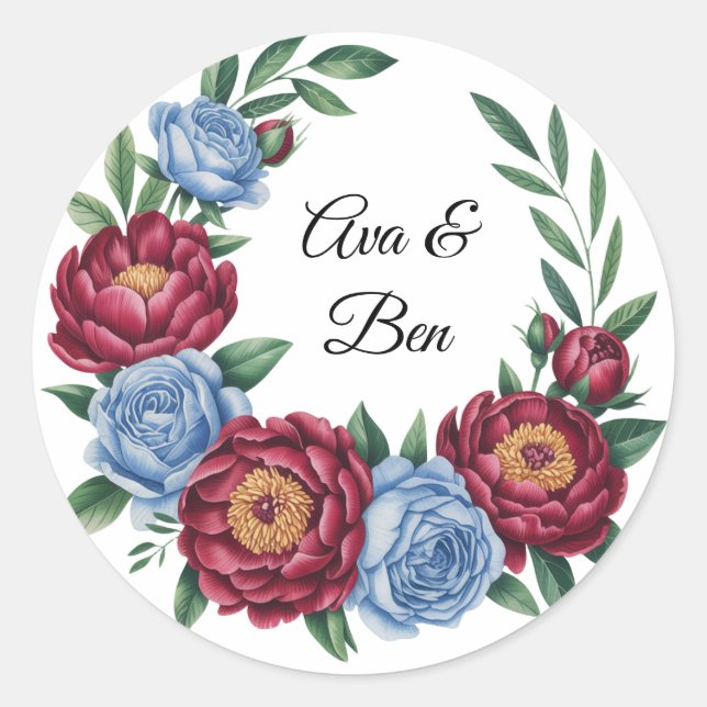 Sticker Rond Burgundy Peony et Blue Rose Mariage (Devant)