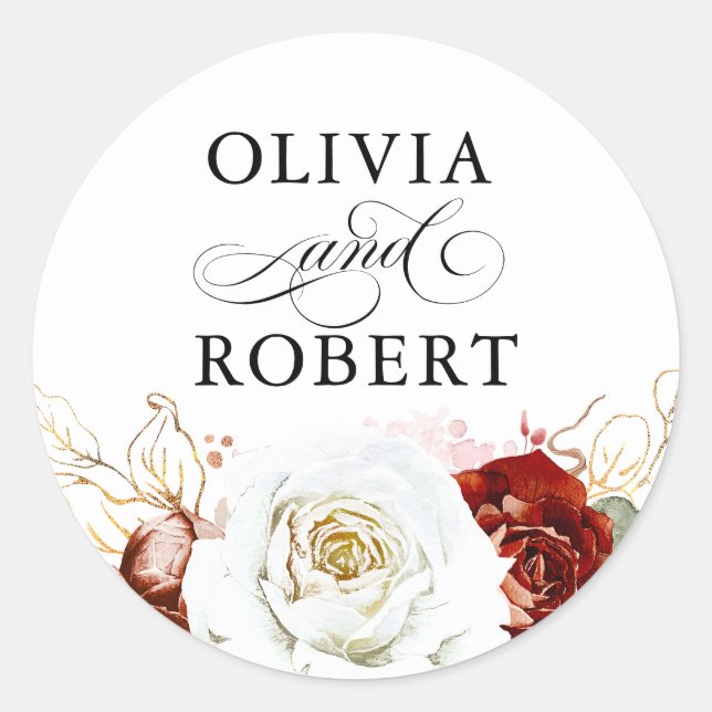 Sticker Rond Burgundy Red and White Modern Floral Boho Wedding (Devant)