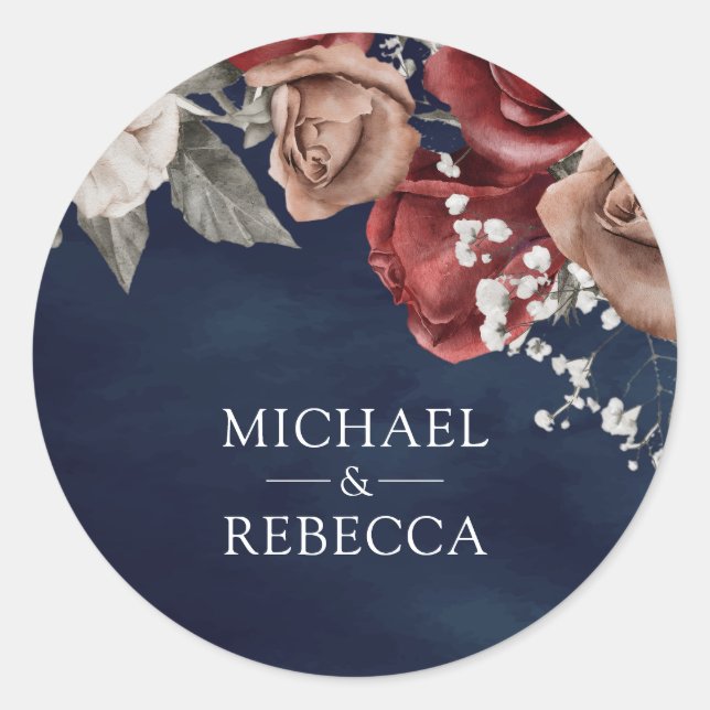 Sticker Rond Burgundy Red Roses Floral Navy Blue Wedding Favor (Devant)