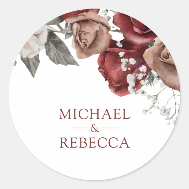 Sticker Rond Burgundy Red Roses Floral Wedding Favor (Devant)
