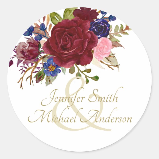 Sticker Rond Burgundy Royal Blue Roses Mariage (Devant)