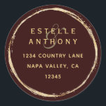 Sticker Rond Burgundy Rustic Gold Ampersand Return Address<br><div class="desc">This return address sticker features a faux gold circle frame with an elegant ampersand and simple calligraphy with a burgundy marsala background.</div>