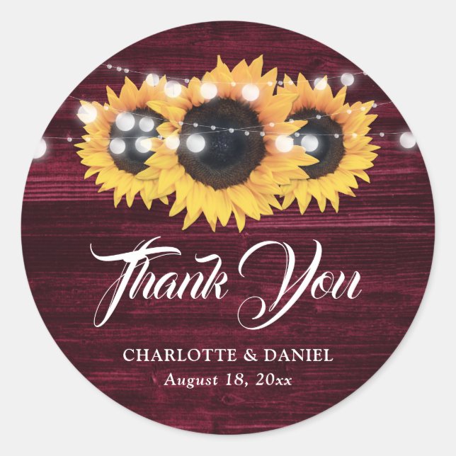 Sticker Rond Burgundy Rustic Wood Sunflower Wedding Thank You (Devant)