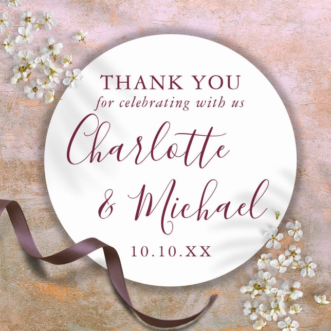Sticker Rond Burgundy Signature Script Favor Merci (Burgundy Signature Script Favor Thank You Classic Round Sticker)